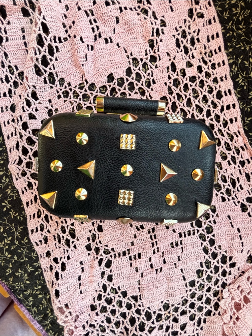 Edgy Studded Box Clutch Black & Gold Punk Rock Evening Bag